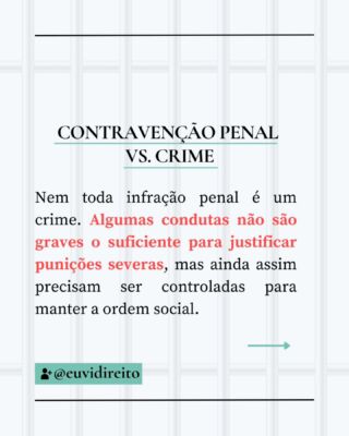 Nem toda infração penal é um crime. Algumas condutas, embora sejam ilegais, não têm gravidade suficiente para justificar penas severas e são classificadas como contravenções penais.

Mas qual a diferença na prática? Vamos a dois exemplos:
	•	Uma pessoa jogando pôquer apostado em dinheiro. (vamos usar feijões!)
	•	Alguém cometendo um assalto à mão armada.

Ambos os atos são proibidos por lei, mas são tratados de formas bem diferentes.

A primeira situação configura uma contravenção penal (jogos de azar), considerada uma infração de menor gravidade, com punições mais leves, como multa ou prisão simples.

A segunda é um crime (roubo), uma infração mais grave, sujeita a penas severas, podendo incluir reclusão e antecedentes criminais.

As diferenças entre crime e contravenção vão além da gravidade. Enquanto crimes podem levar a longas penas de prisão e gerar antecedentes, as contravenções costumam ter punições mais brandas e, em muitos casos, não deixam registros criminais após o cumprimento da pena.

As contravenções penais servem para punir atos que, embora não sejam extremamente graves, ainda precisam ser controlados para manter a ordem social.

Já os crimes representam ameaças mais sérias à sociedade, exigindo punições mais rígidas para garantir a segurança pública.

Quer entender melhor essa distinção e saber quais são os exemplos mais comuns?

Veja os cards e confira a explicação completa.