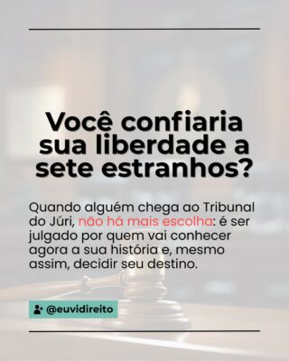 Essa é a beleza do júri: ser julgado pelos seus pares.

Por pessoas que vivem a vida real, que talvez conheçam as dores do mundo, que não olham o processo com o olhar cansado e mecânico da Justiça.

O júri é uma das poucas oportunidades em que a Justiça se abre para o povo.
Onde o Direito se mistura com a vida. Onde empatia, dúvida e humanidade também contam.

No Tribunal do Júri, quem julga não é o juiz, a função dele é outra.
Falamos de sete pessoas comuns. Gente como eu, como você.

Mas… quem são esses pares?

Nem sempre são realmente parecidos com quem está sendo julgado.

E talvez o jogo já comece desequilibrado: enquanto o sistema de Justiça tem acesso prévio à lista dos jurados pois os seleciona/convoca, a defesa só toma conhecimento desses nomes em um momento posterior, muitas vezes no próprio sorteio.

É por isso que a lei prevê recusas, como uma tentativa de equilibrar minimamente essa balança.

Garantir que o júri seja diverso, representativo e acessível é o que mantém essa ferramenta viva e democrática.

Julgar é um ato humano. E talvez por isso, o júri seja tão poderoso, pois ele pode ser humano.

Você confiaria a sua liberdade nas mãos de sete desconhecidos?
Ou preferiria ser julgado por um juiz?

Conta aqui o que você pensa sobre isso.