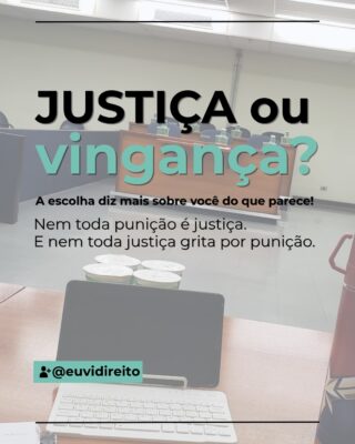Vingança reage. Justiça responde.
⠀
Mas na prática, muita gente ainda confunde as duas coisas.

Acha que justiça boa é justiça rápida, dura e sem muita pergunta.

Quer ver alguém pagando e pagando logo.
⠀
Só que justiça de verdade não se faz na base da fúria. Tem regra, tem contraditório, tem limite.
⠀
E aí entra uma pergunta que eu sempre faço: Se a pessoa acusada fosse seu filho, sua irmã ou alguém que você ama…
⠀
Você exigiria o mesmo “rigor” ou começaria a pedir calma, mais provas, mais cuidado?
⠀
Se a resposta muda dependendo de quem está no banco dos réus, talvez o que você esteja chamando de justiça… seja só vingança com outro nome.
⠀
E isso, o sistema penal não deveria entregar pra ninguém.

O que você pensa disso?