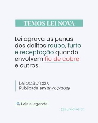 A nova lei traz aumentos significativos para penas de furto, roubo, receptação e interrupção de serviços públicos quando o alvo forem fios, cabos, equipamentos de energia, internet, telefonia e transporte.

O motivo? O crescimento desses delitos impactam serviços essenciais como hospitais, escolas e segurança pública além da própria vida cotidiana. O fio de cobre, por exemplo, é o mais visado por ser o mais bem pago no mercado paralelo.

Também foram incluídas sanções para concessionárias e empresas de telecomunicação que utilizarem materiais de origem ilícita ou que deveriam saber disso.

Mas vamos falar sério: embora a legislação reconheça a gravidade do problema (sim, existe), continua focando na punição de vulneráveis, isso poderia ser facilmente comprovado com dados. Leis mais duras não substituem políticas públicas de prevenção.

Ao reforçar a punição não só de quem furta, mas também de quem compra, transporta ou esconde produtos ilícitos, a norma atinge todos os envolvidos em tese.

Sua aplicação prática exige atenção à prova da origem ilícita dos bens e à demonstração do dolo na receptação, inclusive por indícios objetivos.

A lei também serve como alerta aos consumidores: comprar “barato demais” pode custar caro do ponto de vista criminal.

O que acharam?