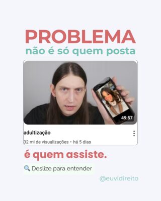 Muita gente fala sobre “regular as redes sociais” e sim, é necessário.
Mas o vídeo do @felca0 mostrou algo que vai além: a quantidade de conteúdo que adultiza crianças e adolescentes é gigante, consentida pelos pais, os explorados já não tem desconforto com a adultização e claro, sempre tem gente lucrando.

O ECA protege todos os menores de 18 anos contra exploração e exposição sexualizada, mesmo com consentimento ou emancipação.

Essa proteção é dever de todos, por lei, e os órgãos públicos também precisam estar atentos e agir fiscalizando, também diante de sinais e denúncias.

Além disso o botão de denúncia está lá e, se houvesse volume, muito conteúdo já teria saído do ar.

Se continua, é porque tem público.
Likes, comentários e milhões de inscritos não surgem sozinhos.

A gente fala de proteger crianças e adolescentes, mas ao mesmo tempo tem gente que assiste, compartilha e ajuda a manter relevante quem expõe, adultiza e lucra com isso.

Não é só sobre quem posta. É sobre quem assiste e sobre quem deveria fiscalizar e não está vendo (ou fingindo que não vê).

Não é só sobre regulação das redes, é sobre mentalidade também.

Veja o vídeo em : https://bit.ly/45Nczqv