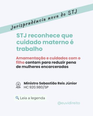 Cuidar também é trabalho.E trabalho duro.

O STJ reconheceu que amamentar e cuidar de um filho na prisão conta para reduzir a pena da mãe.

Uma decisão que poderia simples, mas não é explícita na lei, por isso precisou ser discutida e precisa ser lembrada: o Direito não pode ignorar desigualdades de gênero nem o valor do cuidado.

Menos ainda a prioridade absoluta da criança e do adolescente conforme o ECA. (MAS isso é assunto pra outro post)
